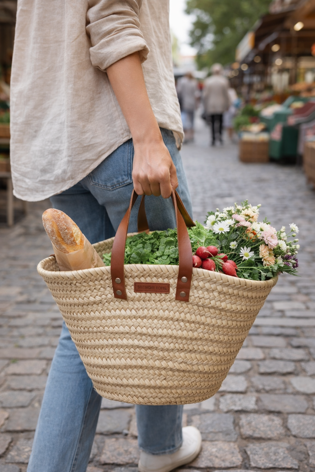 Sac en fibres naturelles -35cm- anses en cuir