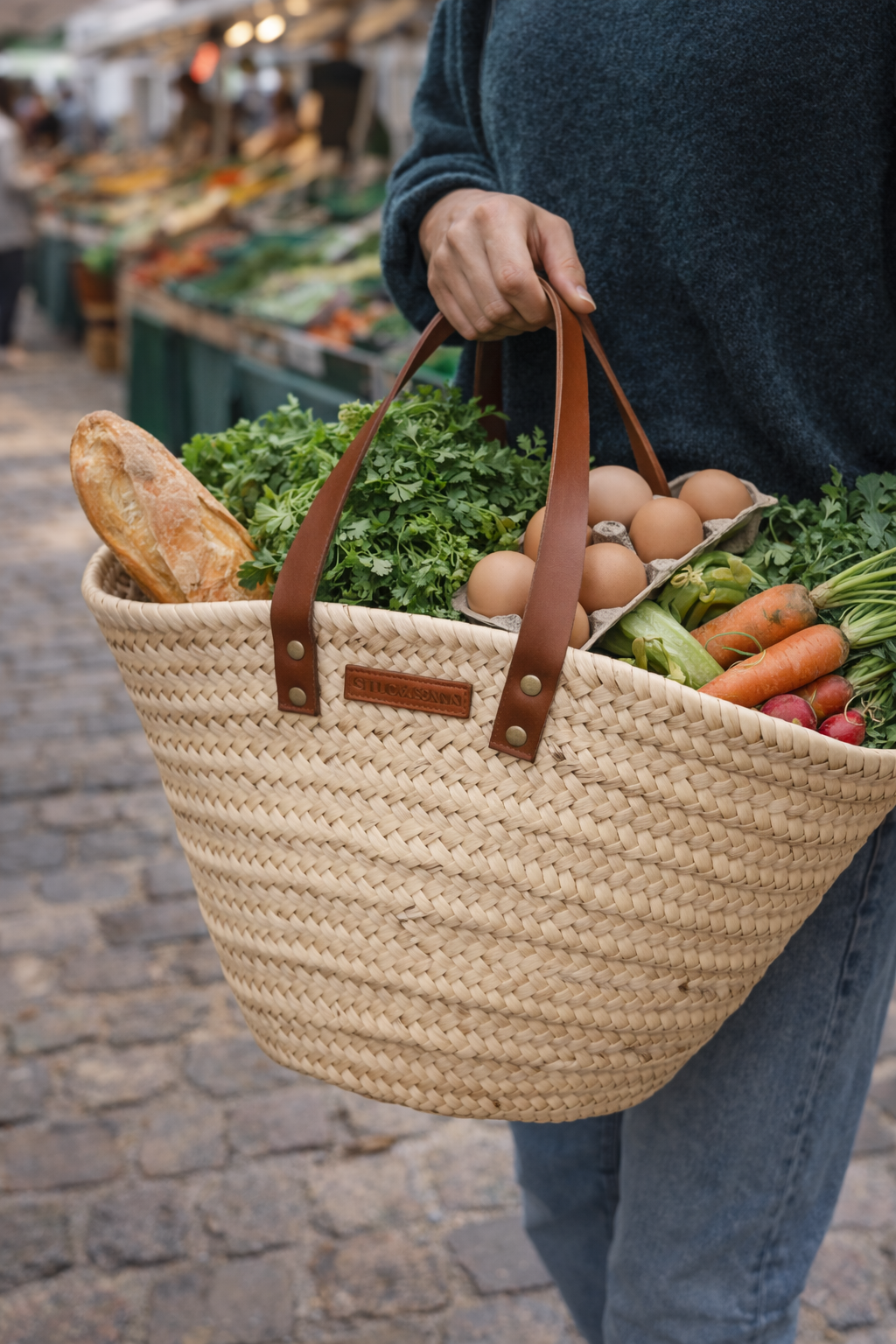 Sac en fibres naturelles -35cm- anses en cuir