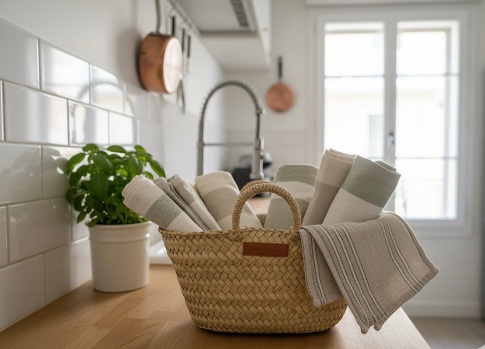 Panier en fibres naturelles tressé à la main – rangement artisanal design